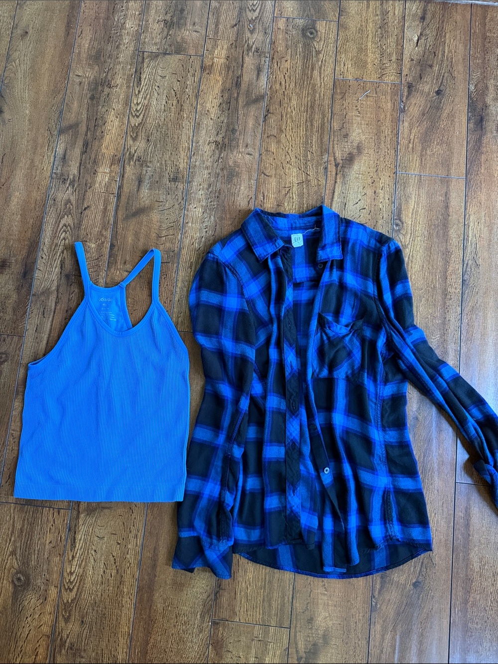 GAP Blue Ribbed Tank and Blue/Black Plaid Button-Up